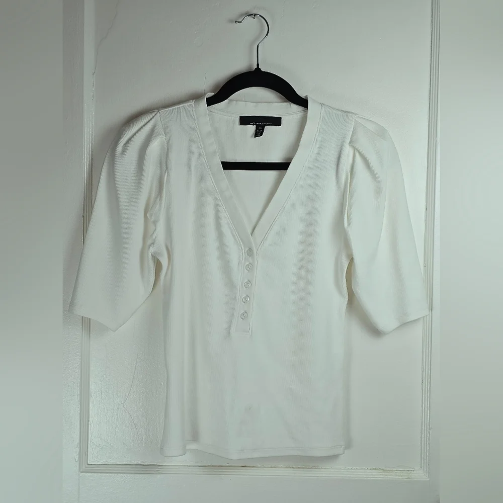 White House Black Market White Ribbed Knit Puff Sleeve Henley Top XS